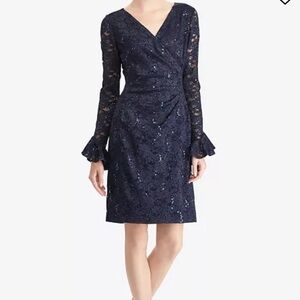 LAUREN RALPH LAUREN Navy Sequin Lace Long Sleeve  bell cuff Sheath Dress Size 2P